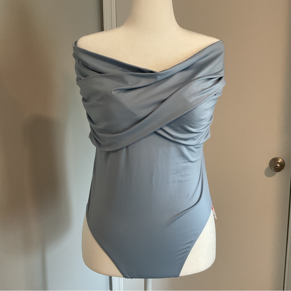 Cider Light Blue Draped Off-shoulder Bodysuit